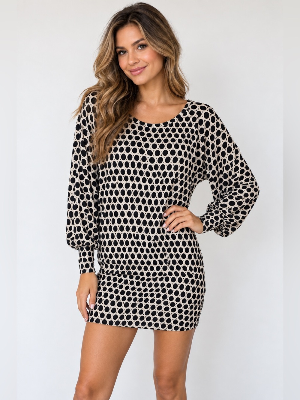 Kensie Black & Cream Polka Dot Ruched Sleeve Mini Dress Tunic BatWing Sz Medium